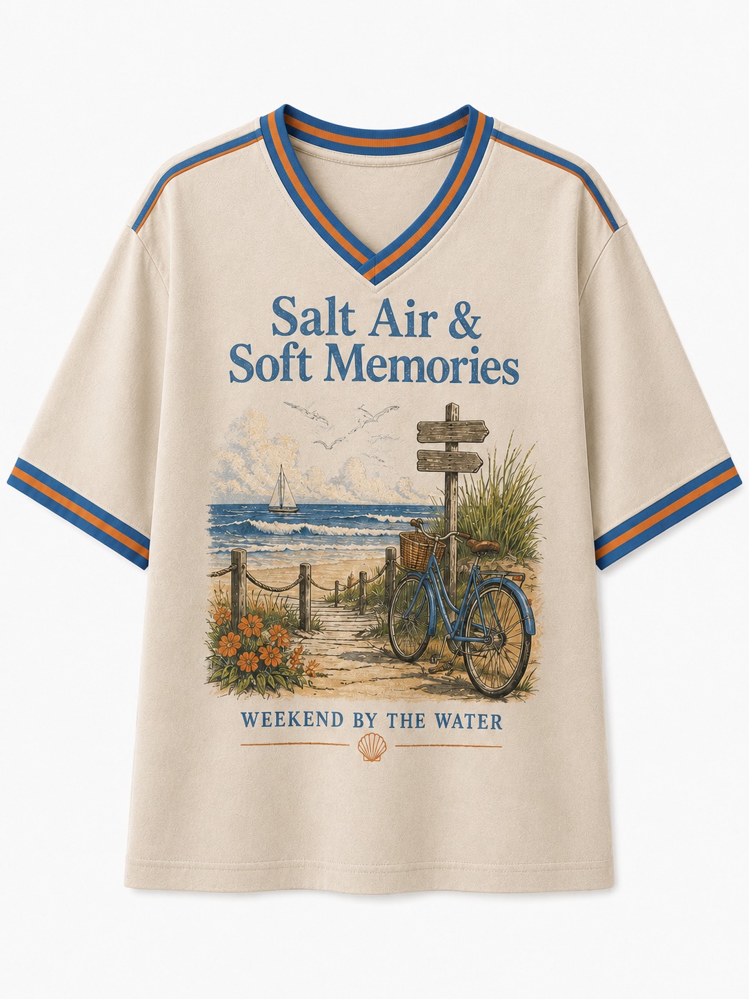 Salt Air & Soft Memories Seaside Bike V-Neck Tee