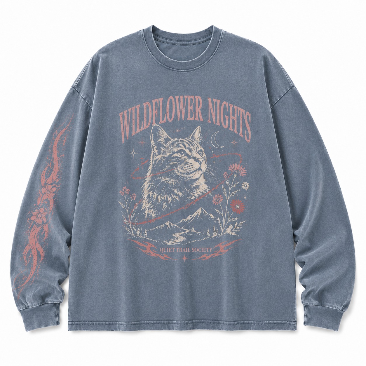 Wildflower Nights Cat Graphic Washed Long Sleeve Tee