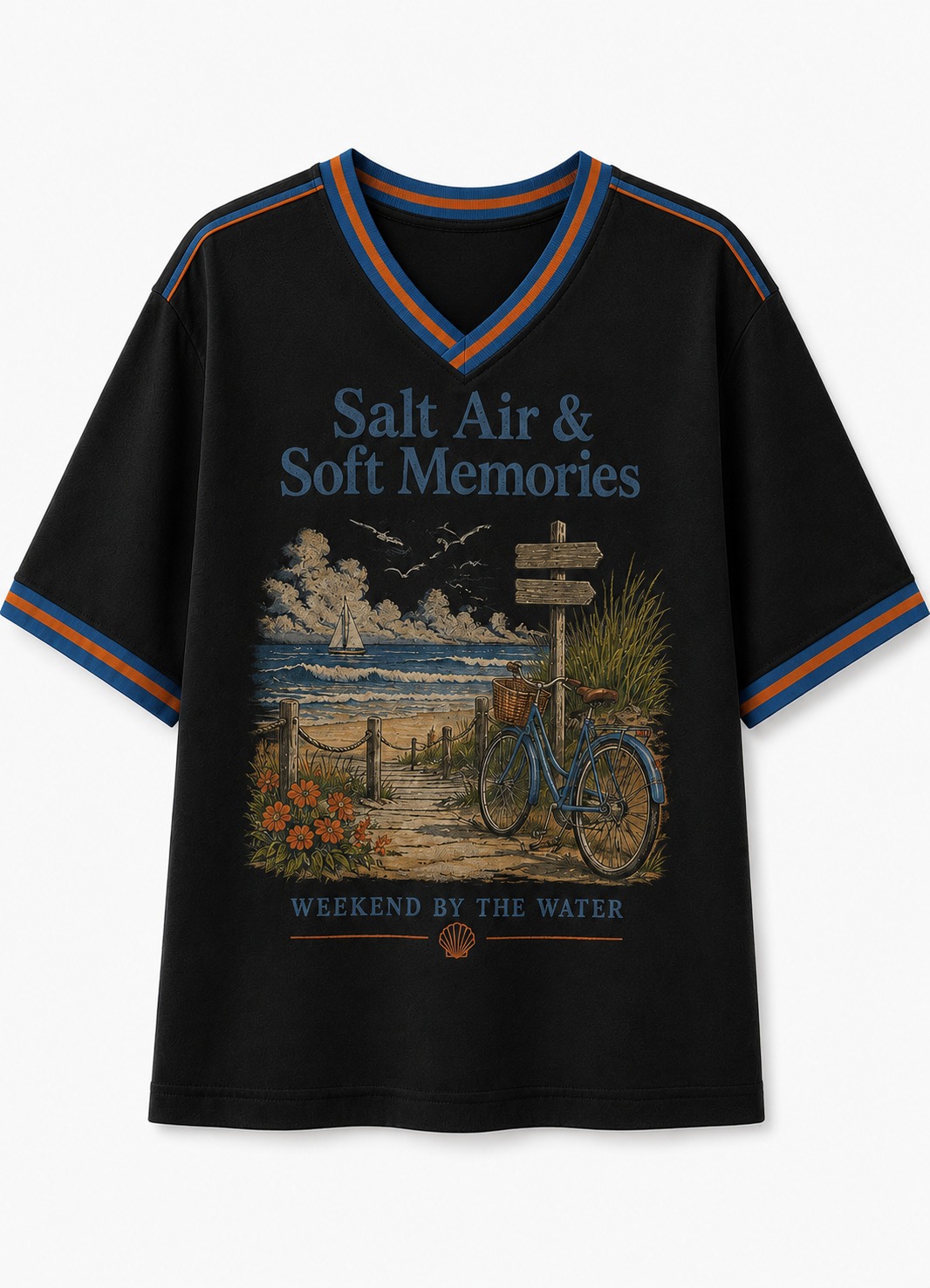 Salt Air & Soft Memories Seaside Bike V-Neck Tee