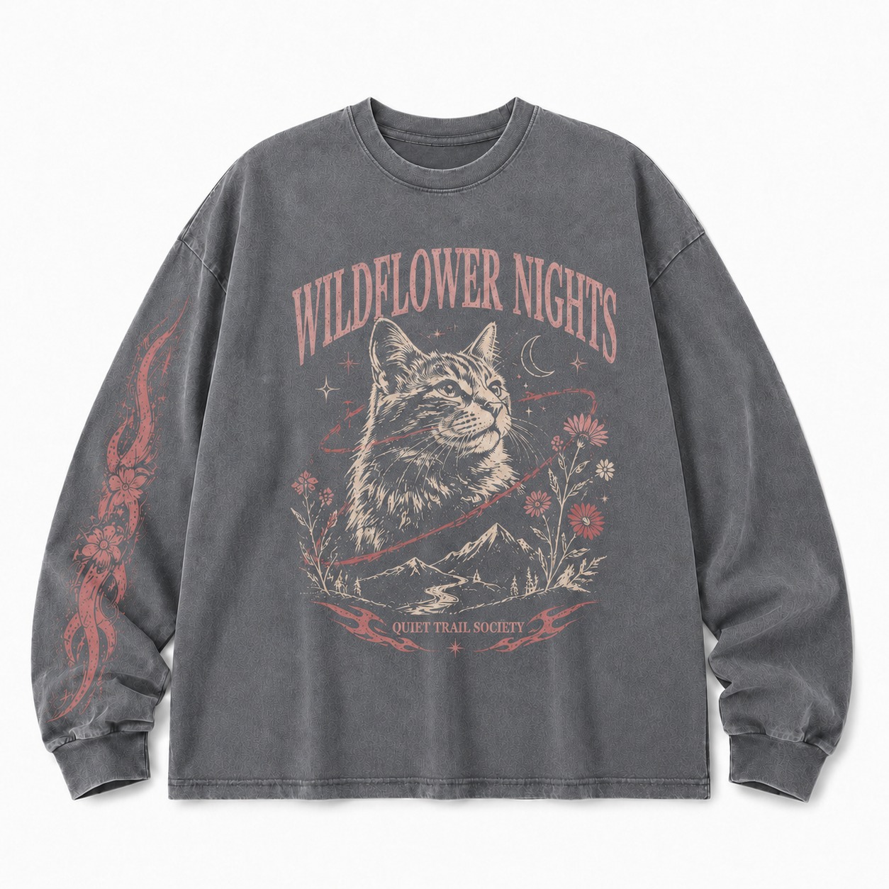 Wildflower Nights Cat Graphic Washed Long Sleeve Tee