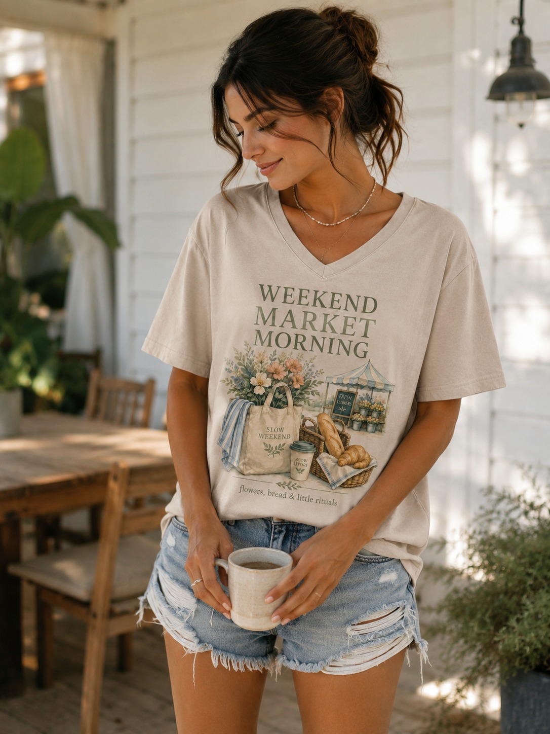 Weekend Market Morning V-Neck Tee