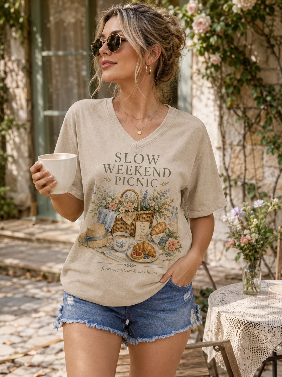 Slow Weekend Picnic V-Neck Tee