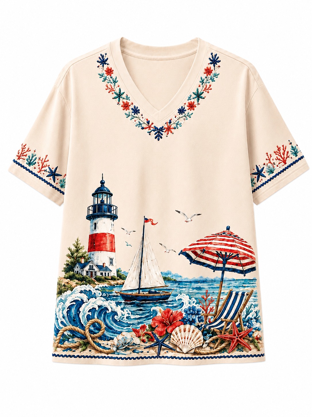 Lighthouse Vacation V-Neck Tee