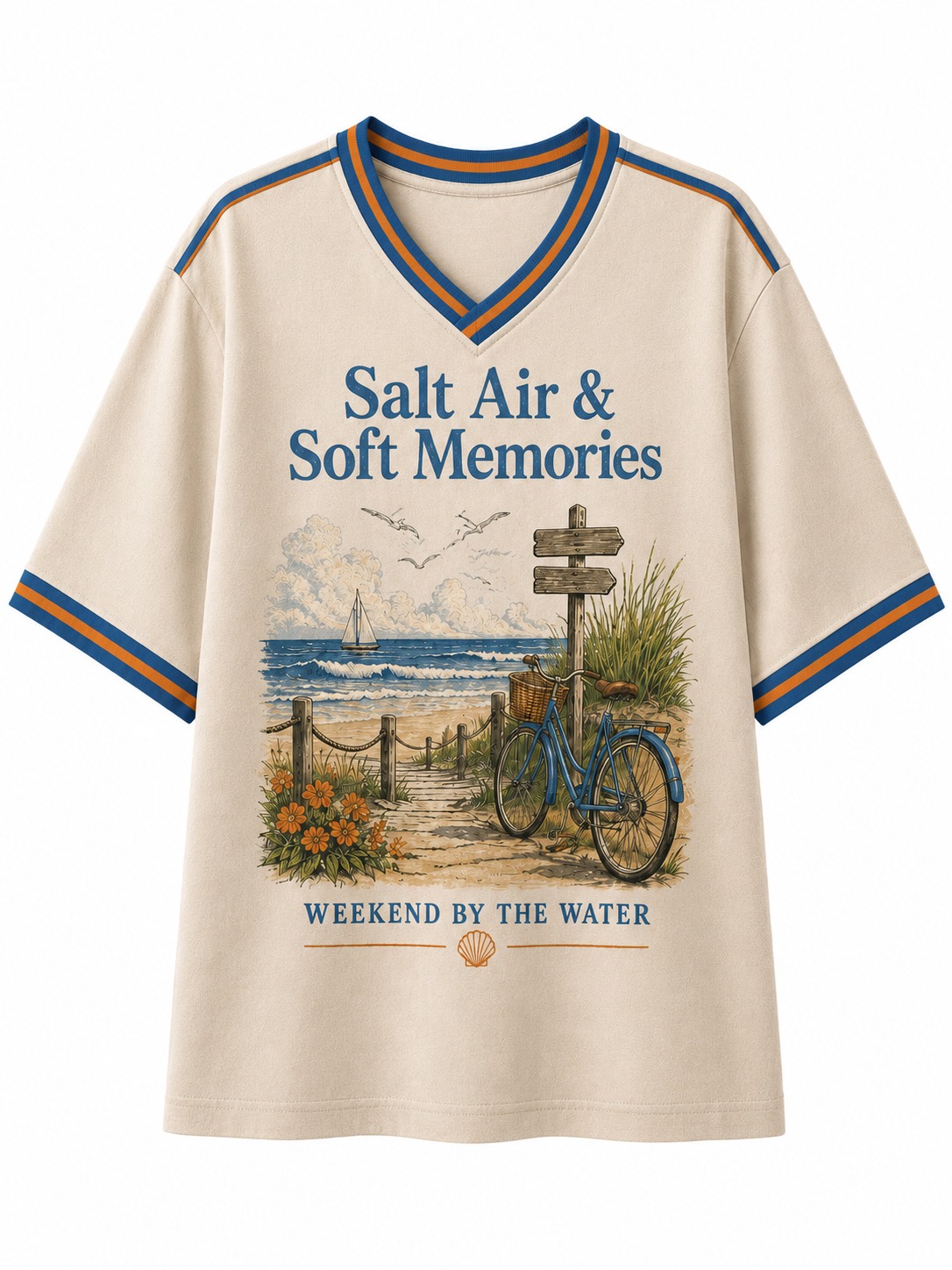 Salt Air & Soft Memories Seaside Bike V-Neck Tee