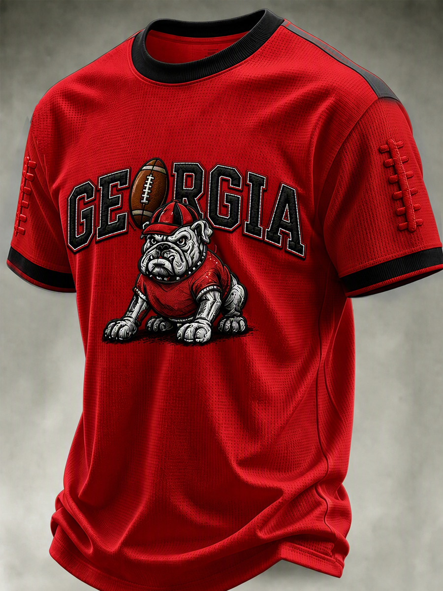 Men's University Team Rugby Embroidered Printed Waffle Round Neck T-shirt