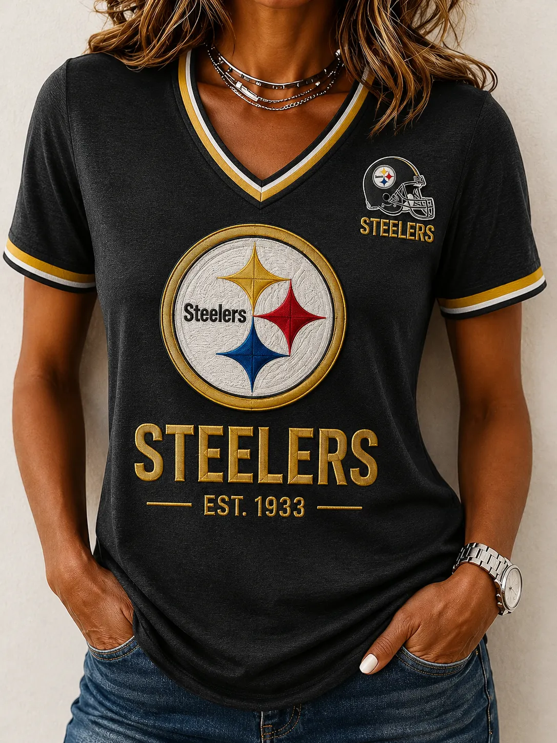 Women's Pittsburgh Steelers Embroidered V-Neck Casual Football T-Shirt