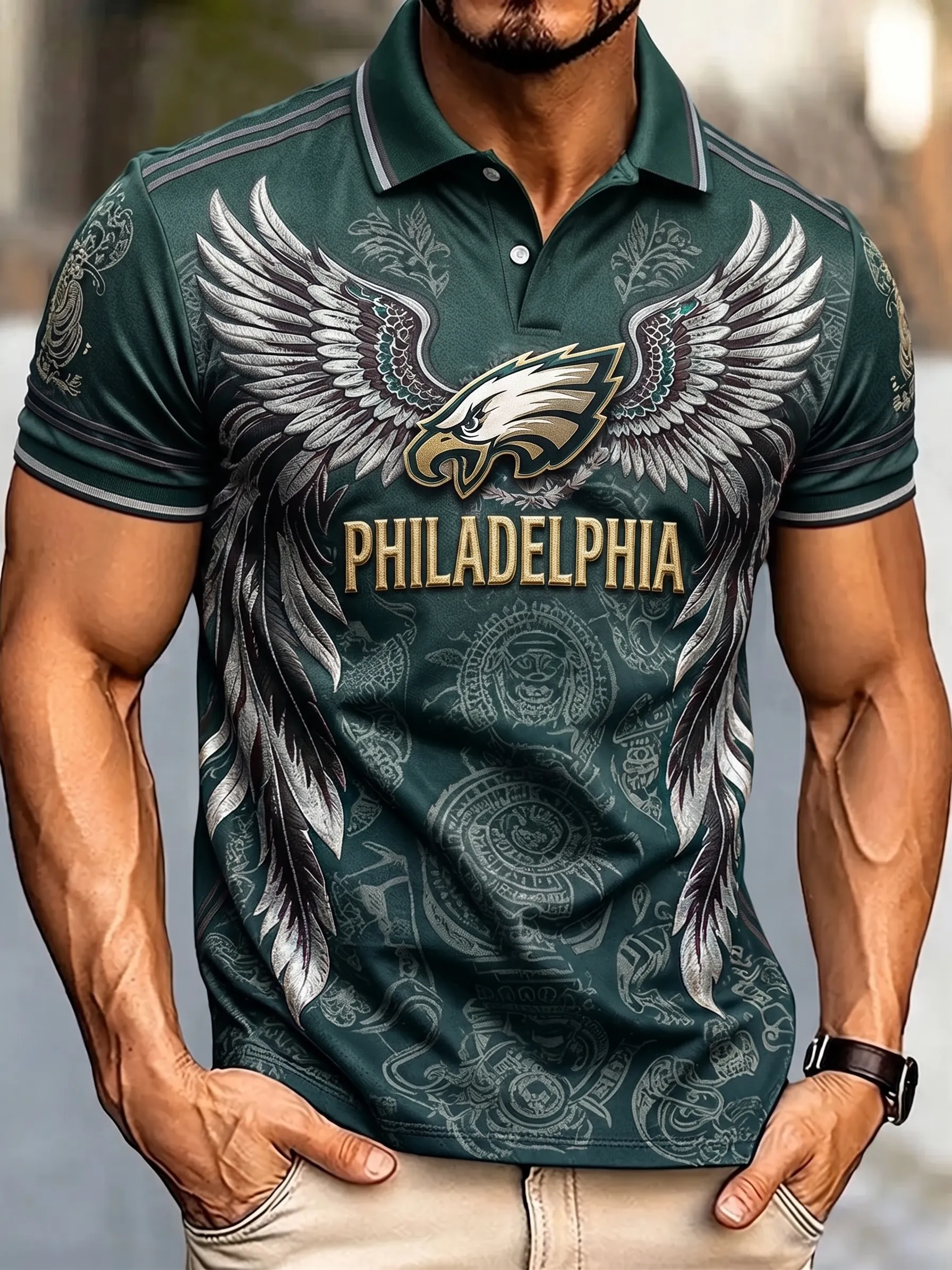 Men’s Eagle Wings Football-Inspired Graphic Polo Shirt
