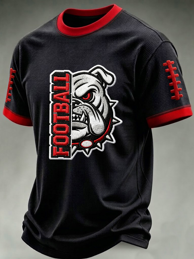 Men's University Team Rugby Embroidered Printed Waffle Round Neck T-shirt