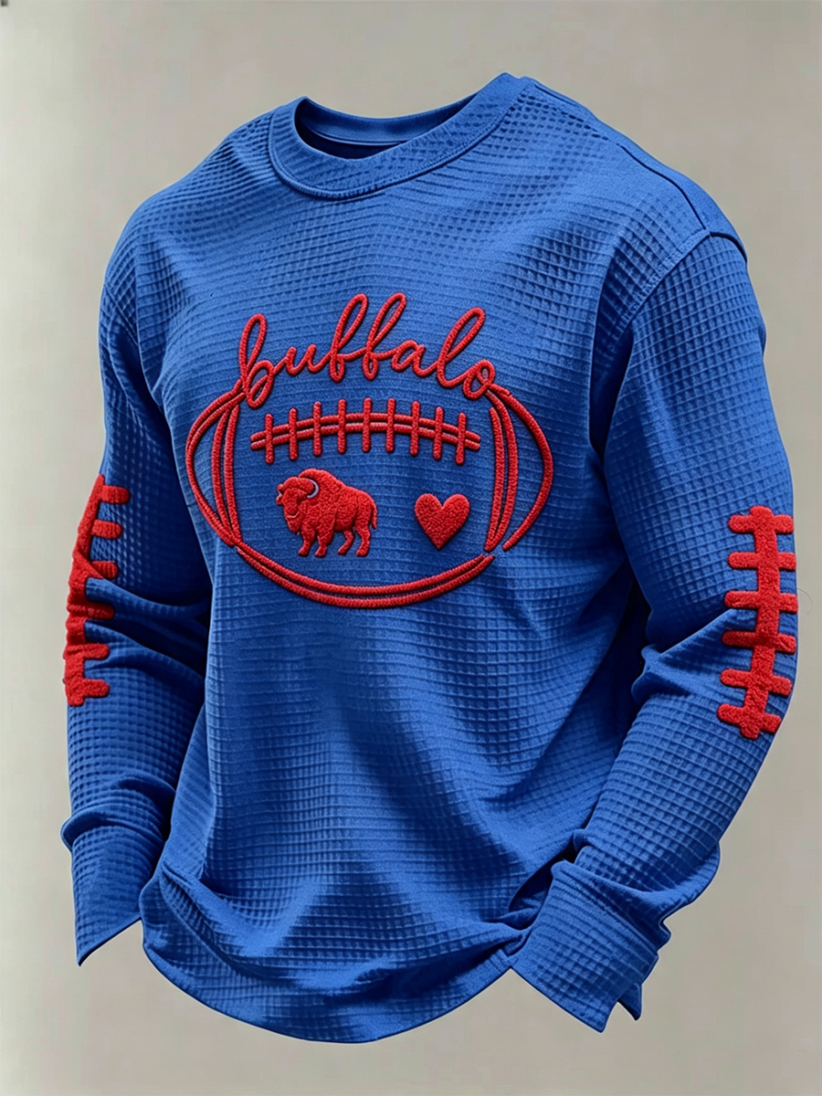 Men'S Buffalo Print Football Fans Gameday Casual Waffle Long Sleeve T-Shirt