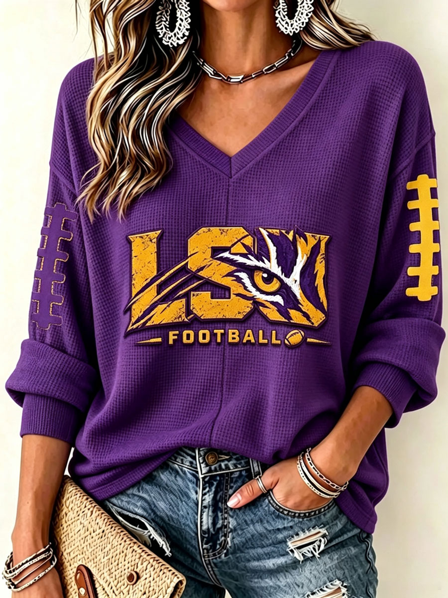 Women'S Rugby Patterned Waffle V-Neck Top
