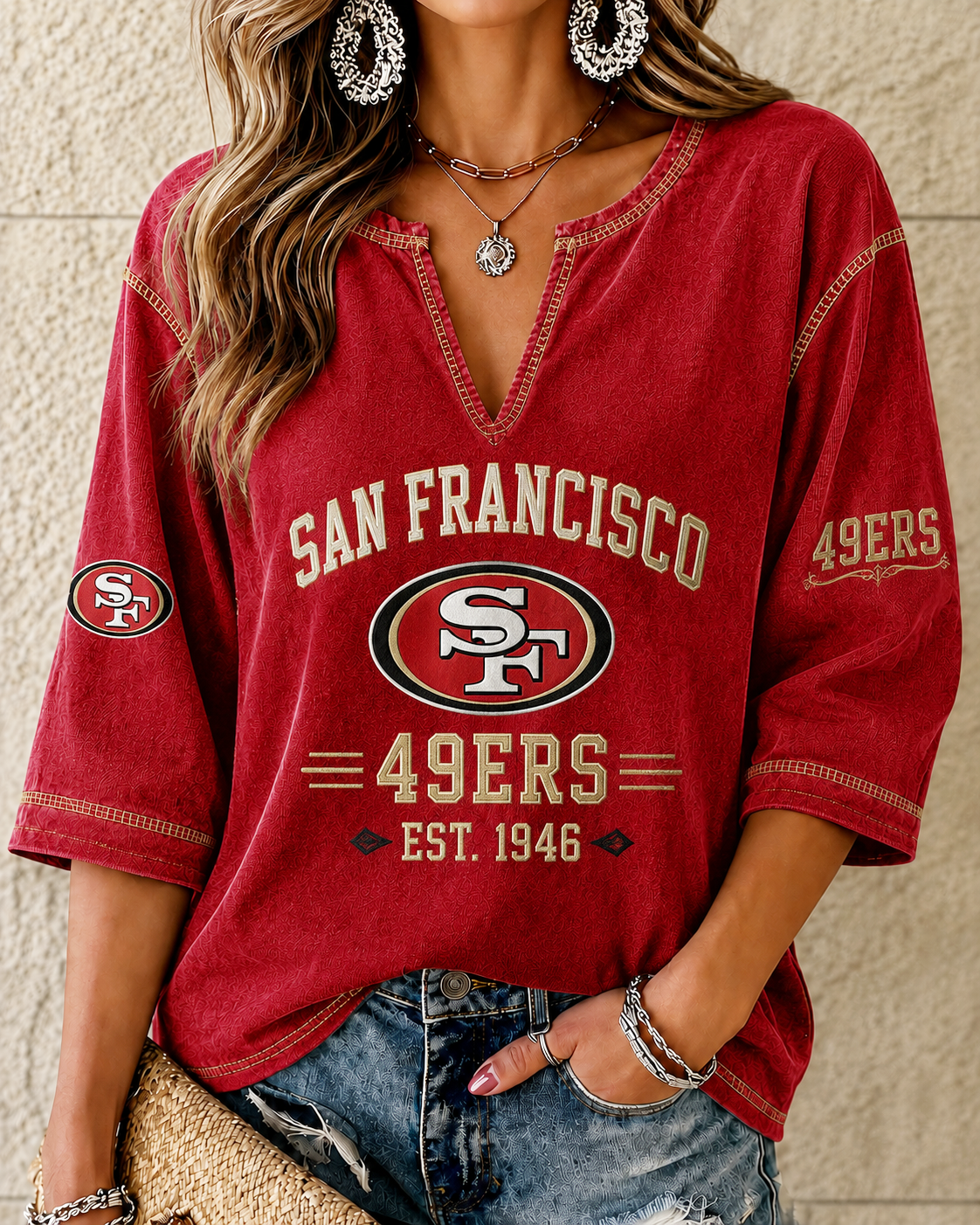 Women's San Francisco 49ers Burgundy Notched V-Neck 3/4 Sleeve Vintage Football Casual Blouse