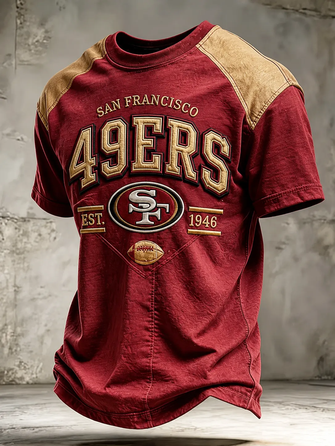 Men's San Francisco 49ers Vintage Gold Raglan Patchwork Crew Neck Football Fan Short Sleeve T-Shirt