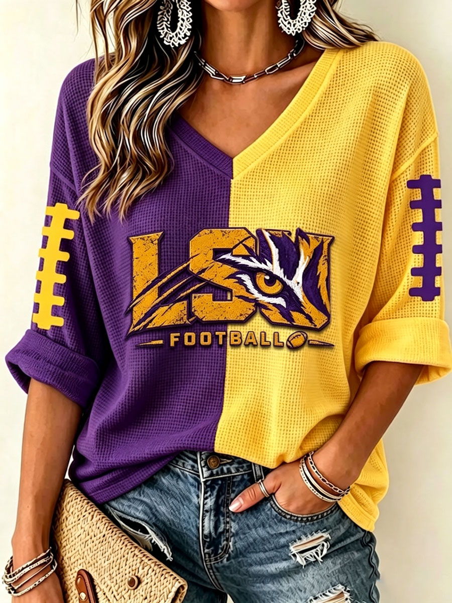 Women'S Rugby Patterned Waffle V-Neck Top