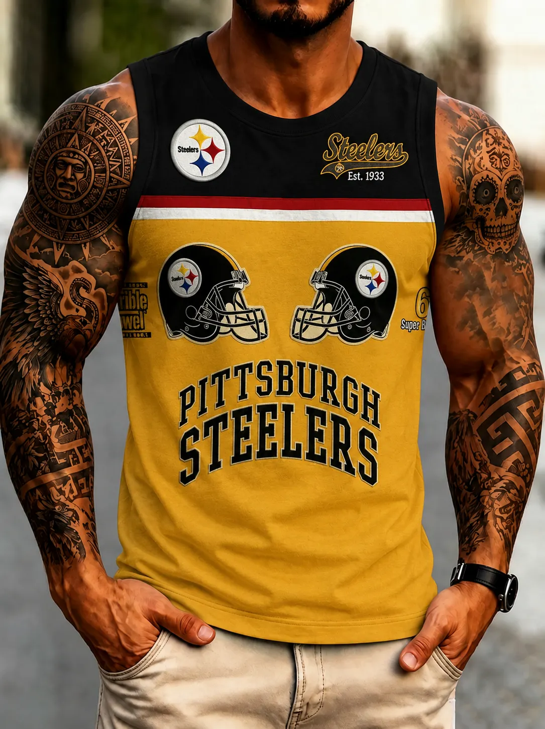 Men's Pittsburgh Steelers Two-Tone Football Helmet Print Sleeveless Jersey Tank Top