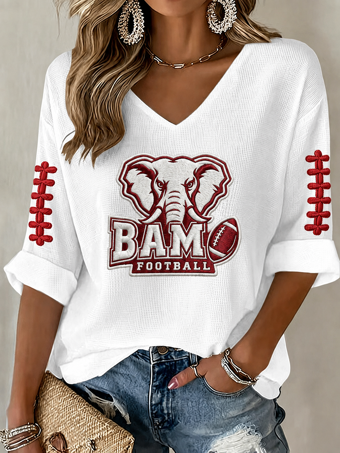Women'S Rugby Patterned Waffle V-Neck Top