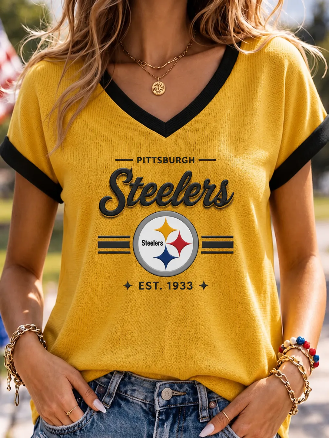 Women's Pittsburgh Steelers Contrast Trim V-Neck Waffle Knit Casual Tee