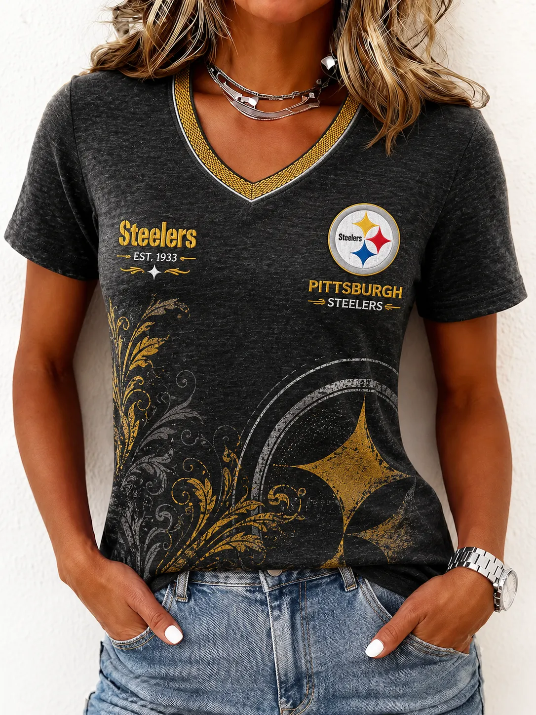 Women's Casual Football V-Neck Tee