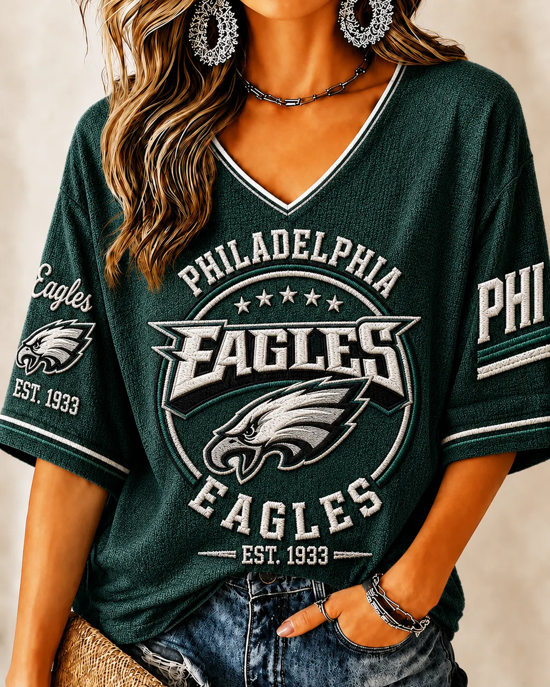 Women's Casual V-Neck Sporty Graphic Tee
