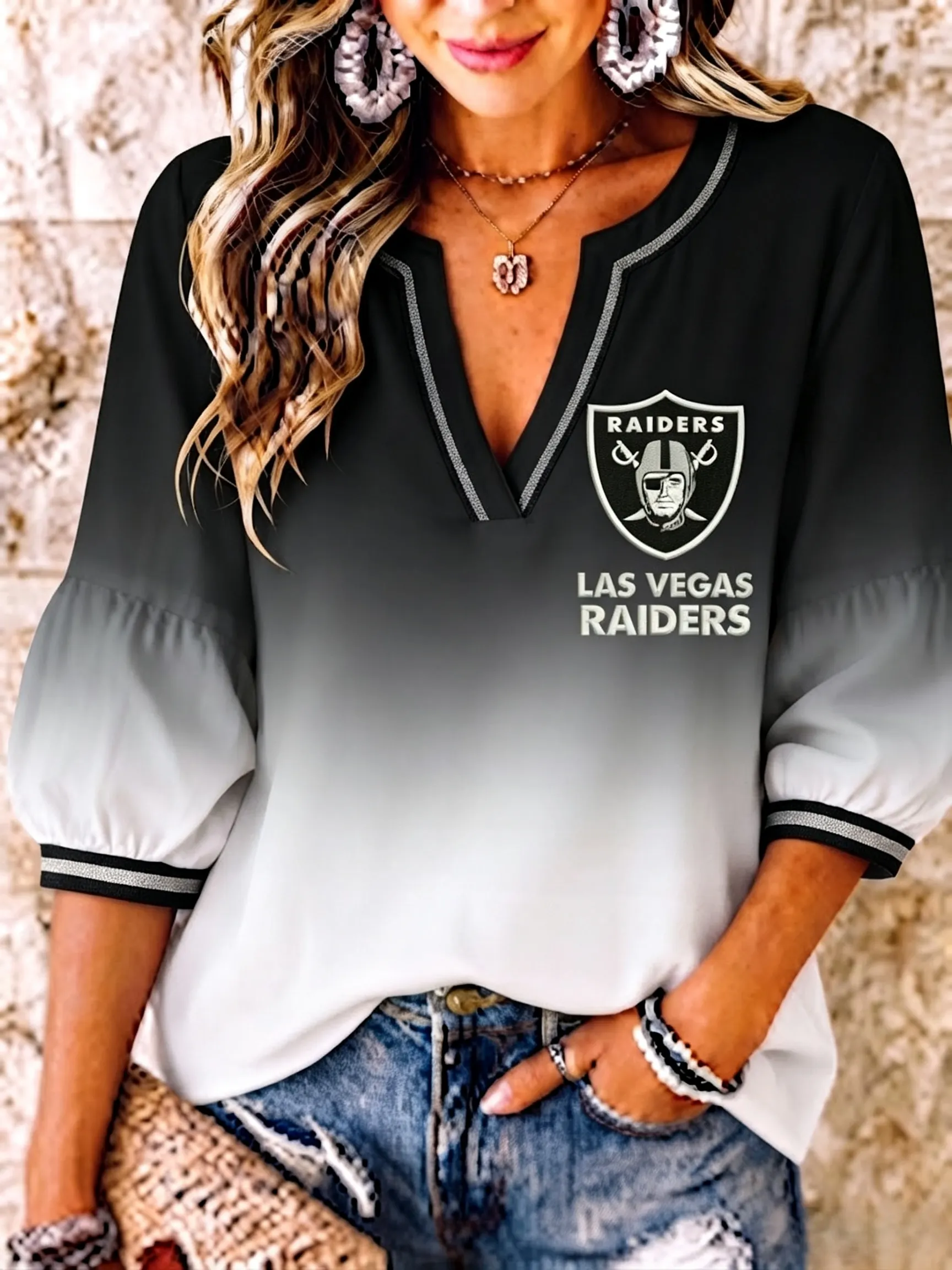 Women's Football Fan Print V-neck Top
