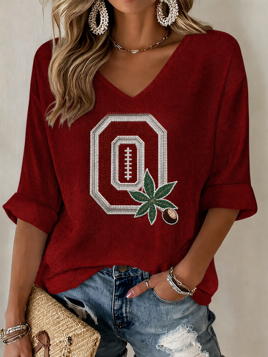 Women'S College Football Printed Waffle V-Neck Top