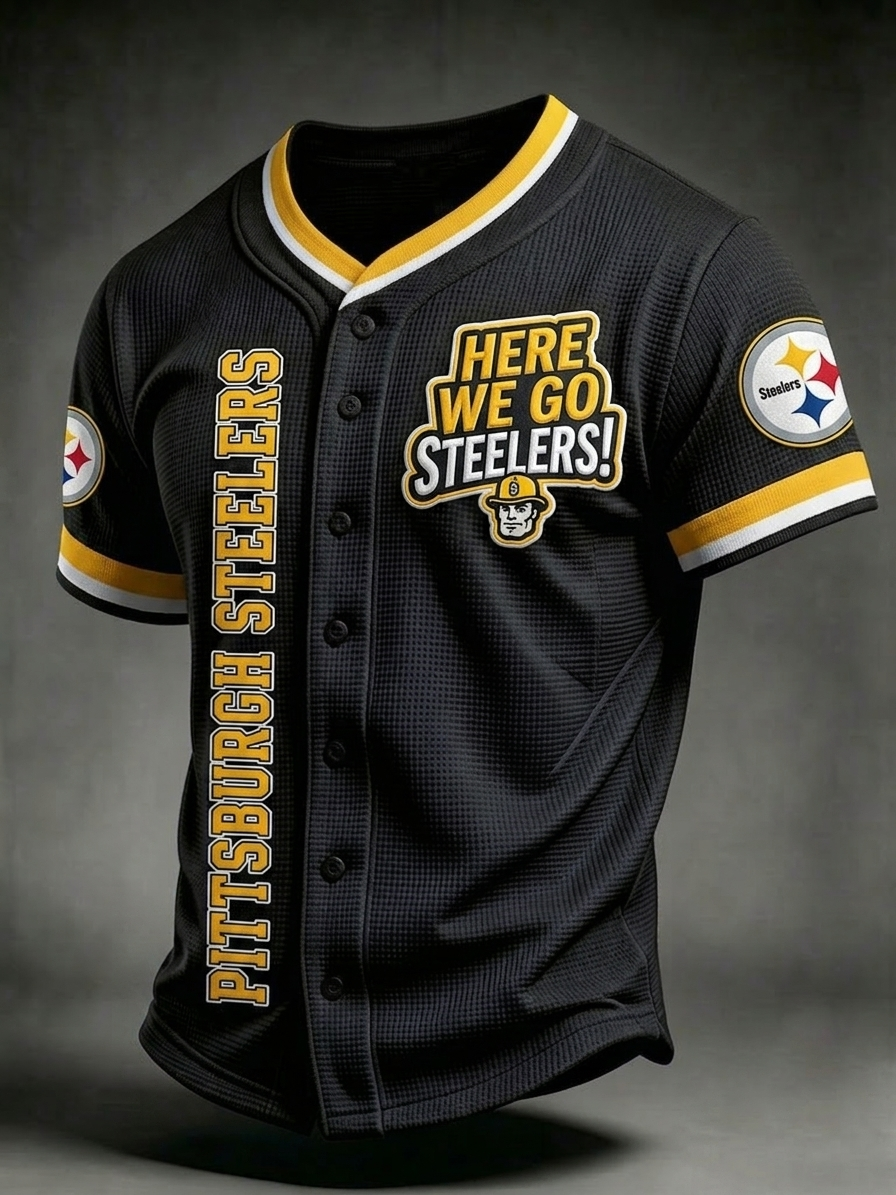 Men's Pittsburgh Steelers "Here We Go" Graphic Button-Down Baseball Football Jersey