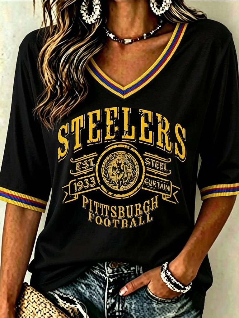 Women's Vintage Distressed Pittsburgh Steelers Rainbow Trim V-Neck 3/4 Sleeve Football Print T-Shirt