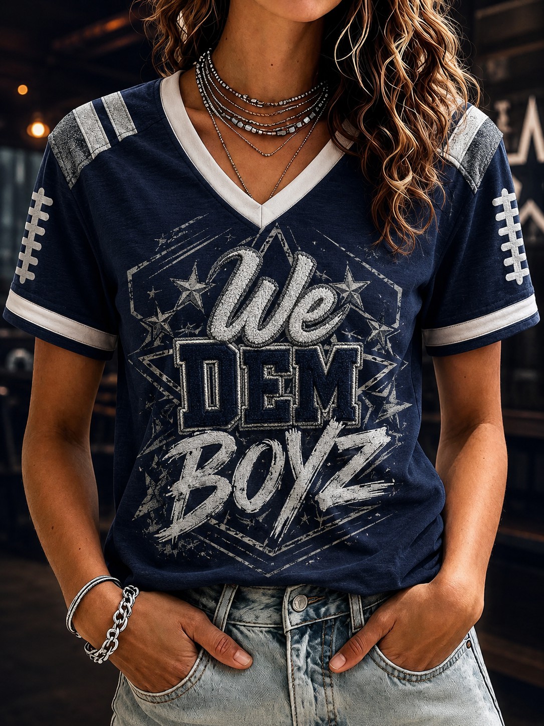 Women's Football We Dem Boyz Printed V-neck T-shirt