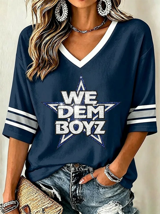 Women's We Dem Boyz Printed Mid-length Sleeves V-Neck T-Shirt