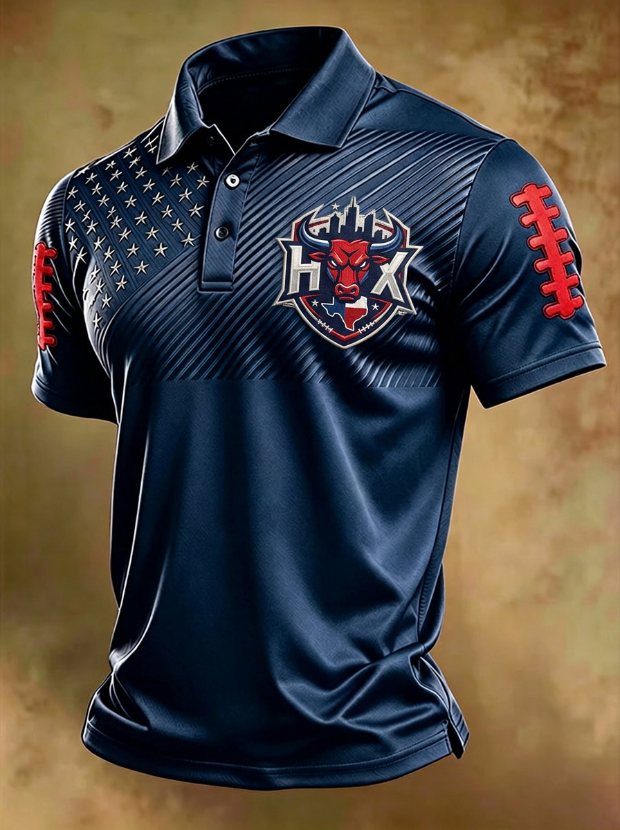 Men's Houston Texans Football Bull Logo American Flag Printed Polo Shirt