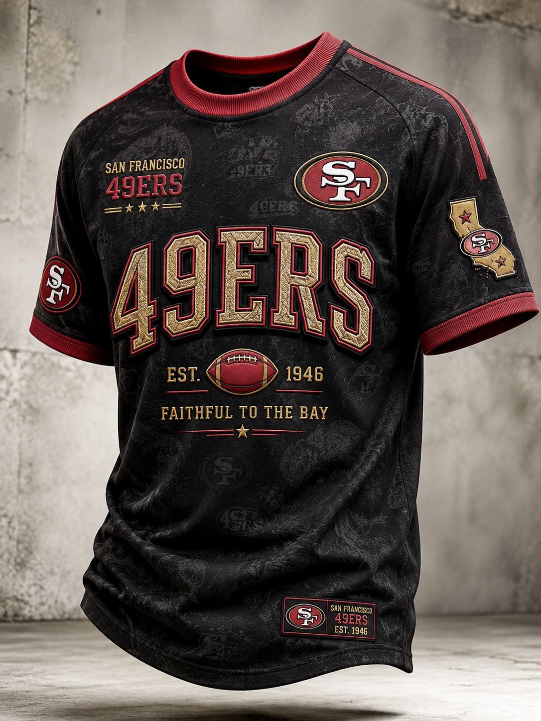 Men's San Francisco 49ers All-Over Vintage Print Black Red Gold Raglan Crew Neck Football Fan Short Sleeve Tee