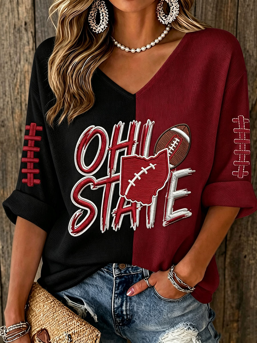 Women'S College Rugby Printed Waffle V-Neck Top