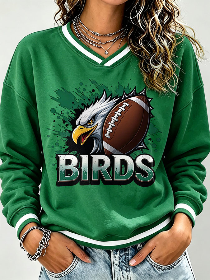 Women's Football Print V-Neck Color Block Sweatshirt