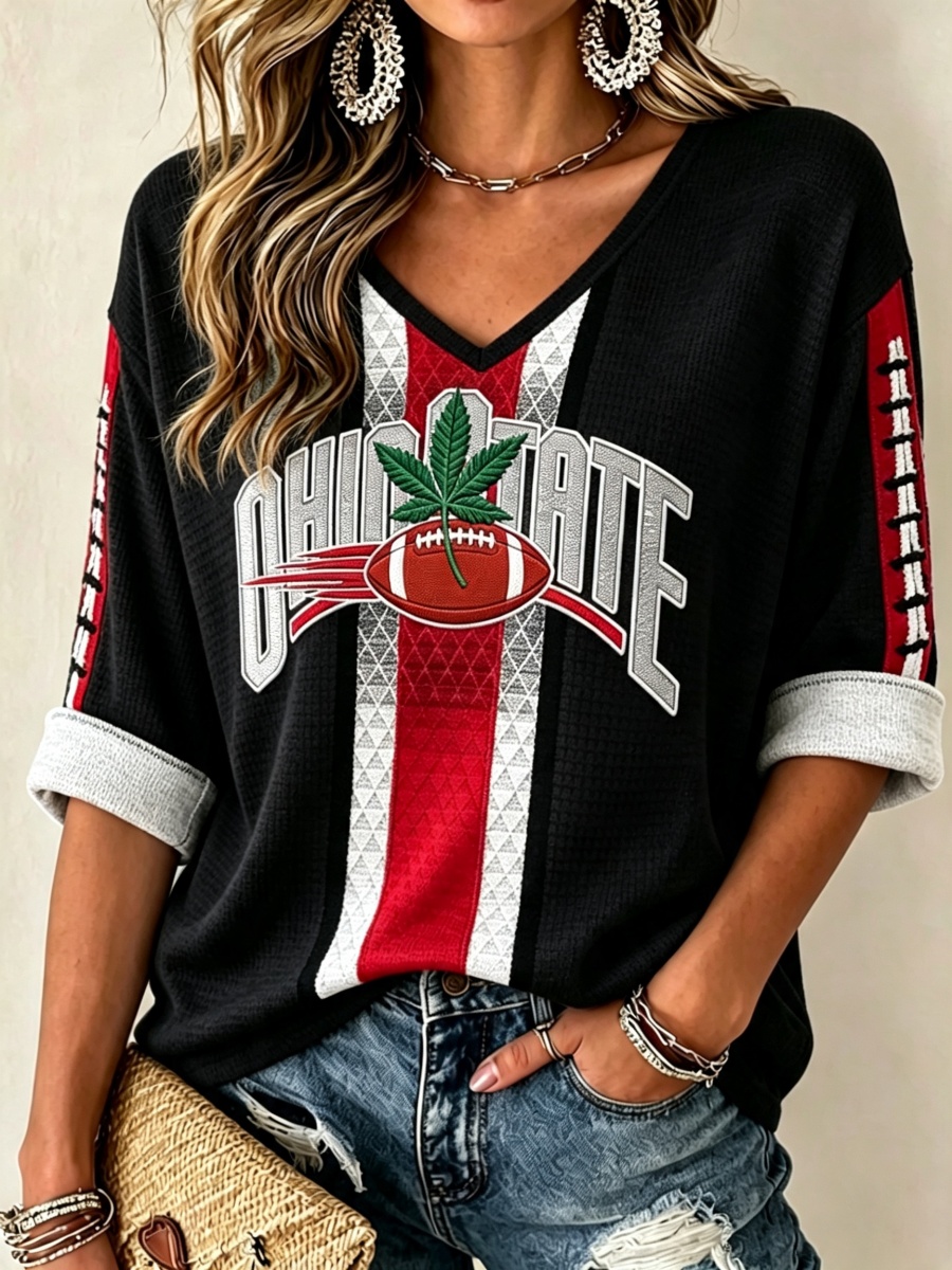 Women'S Football Print Waffle V-Neck Top