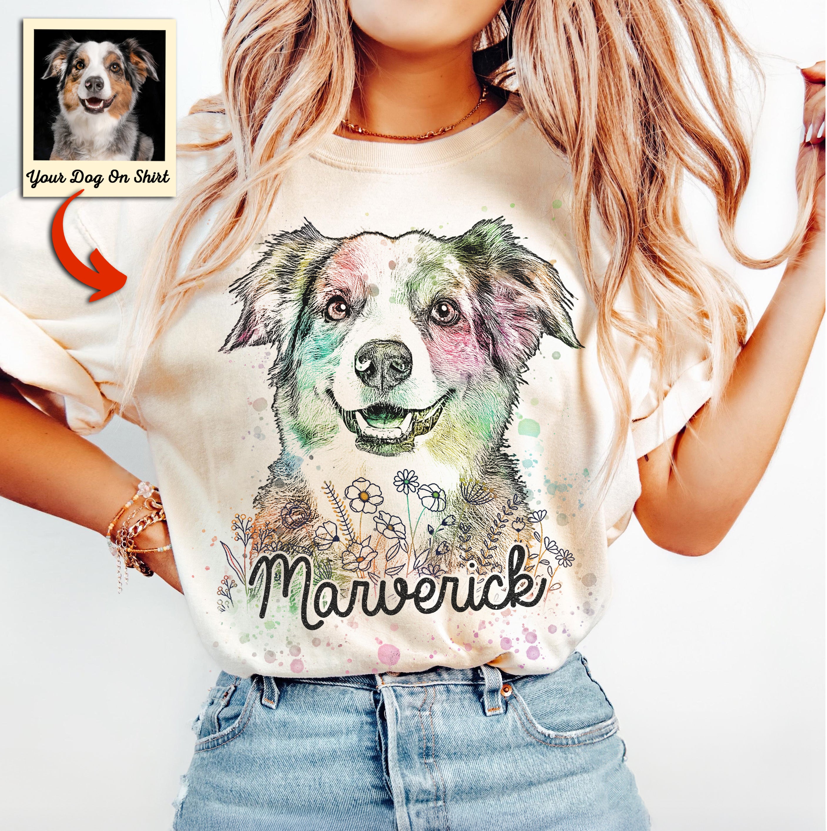 Custom Dog Portrait Watercolor Flowers Classic T-Shirt