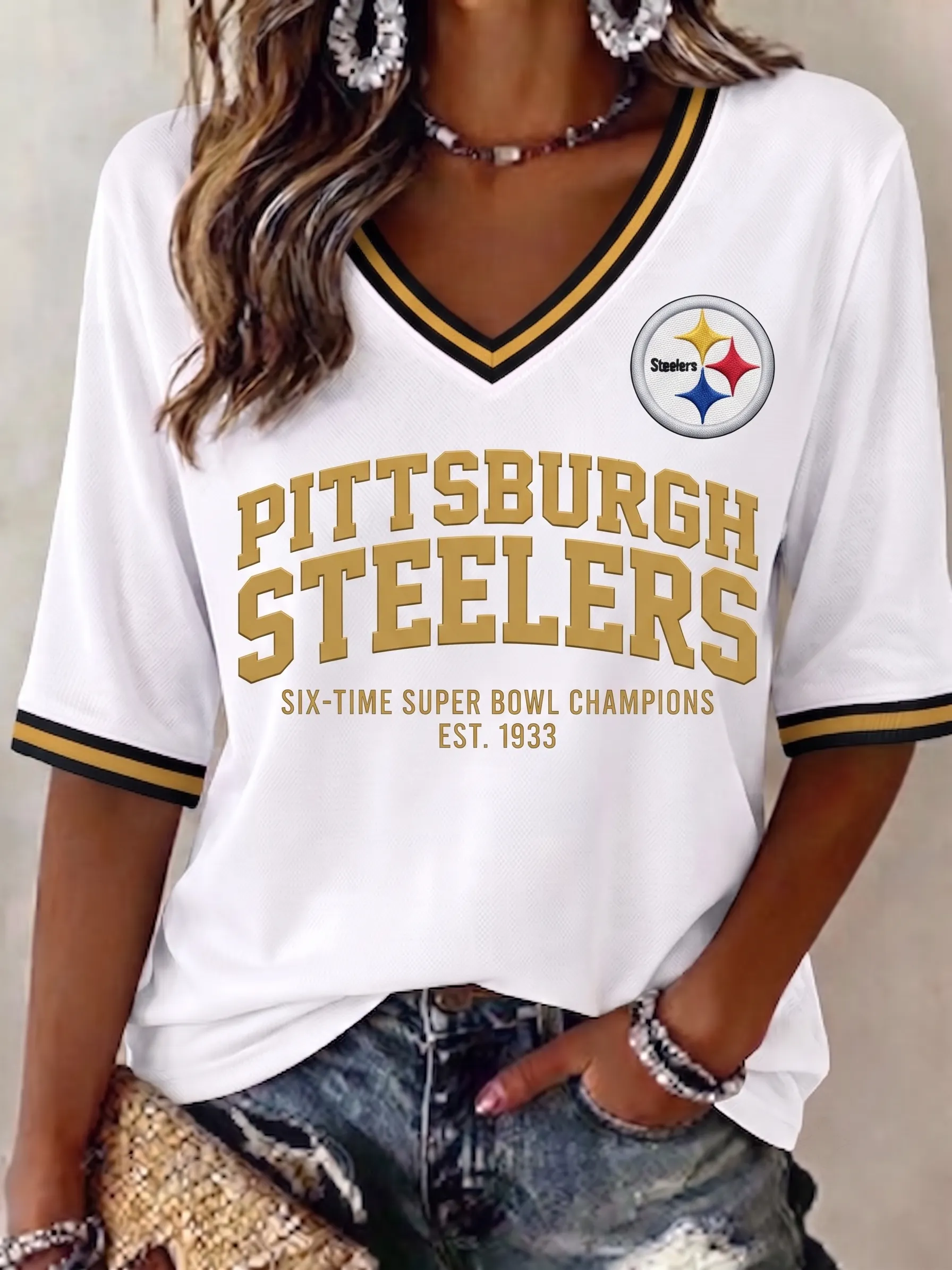 Women's Pittsburgh Steelers White V-Neck 3/4 Sleeve Championship Football Jersey