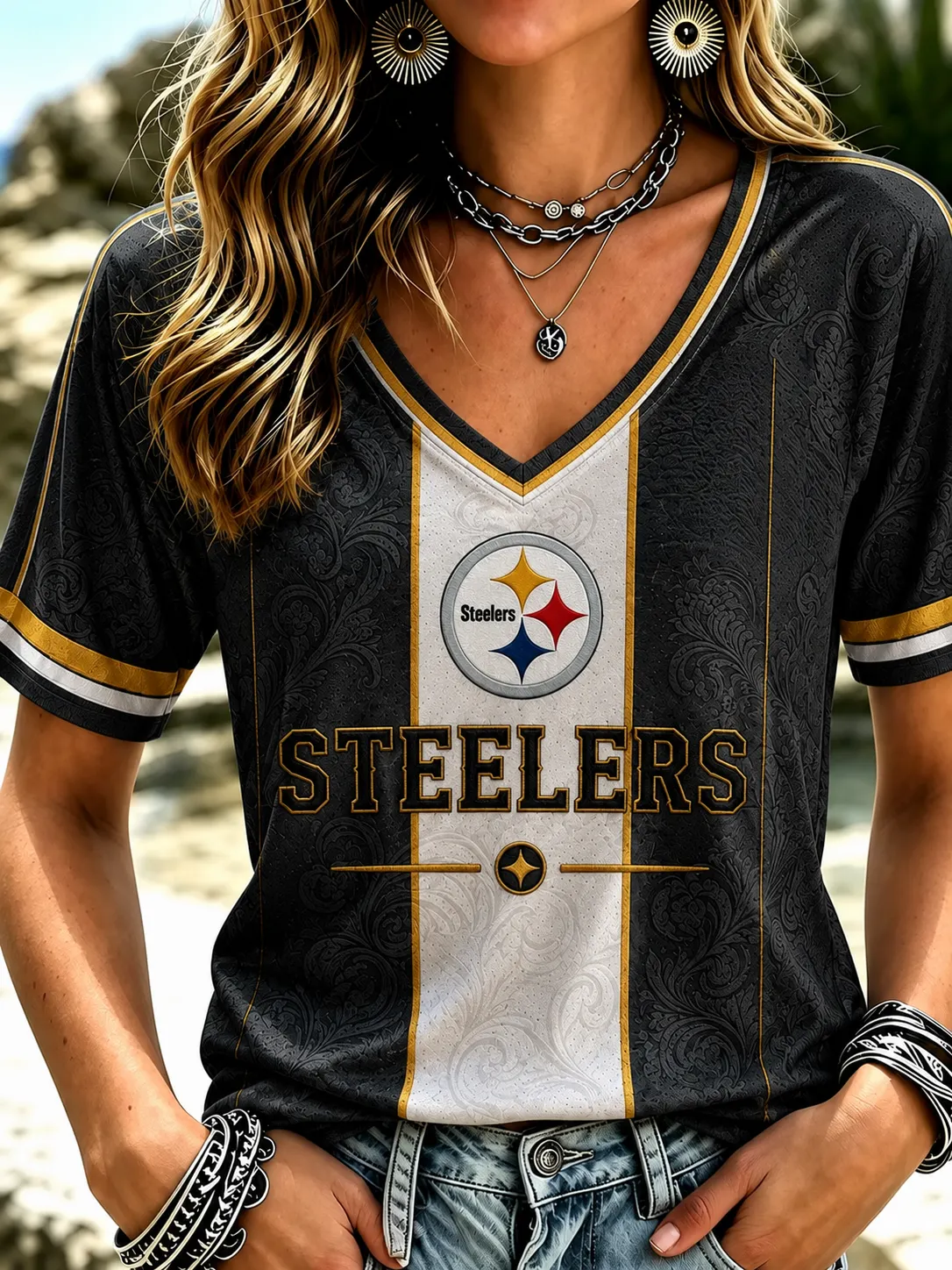 Women's Pittsburgh Steelers Vertical Stripe Floral Texture V-Neck Football Casual T-Shirt