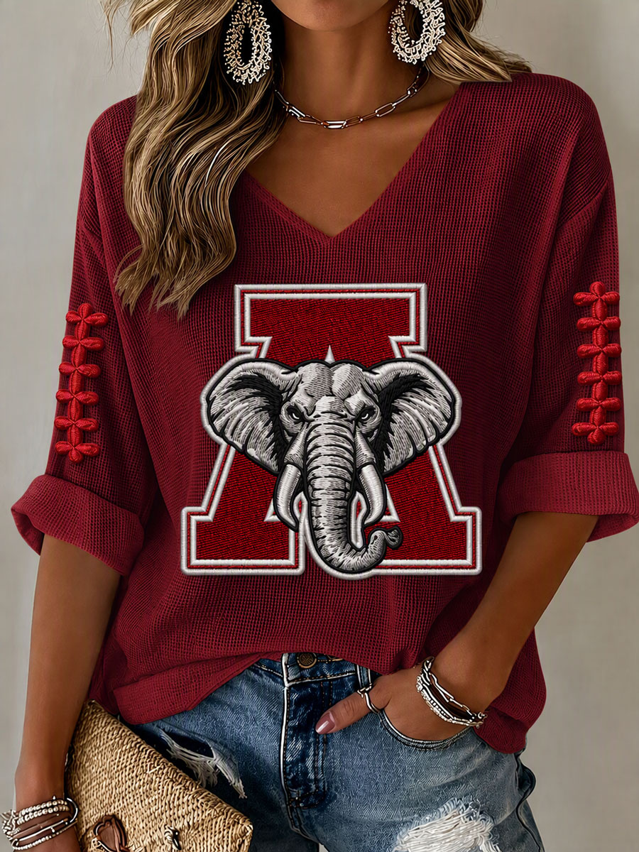 Women'S Rugby Patterned Waffle V-Neck Top