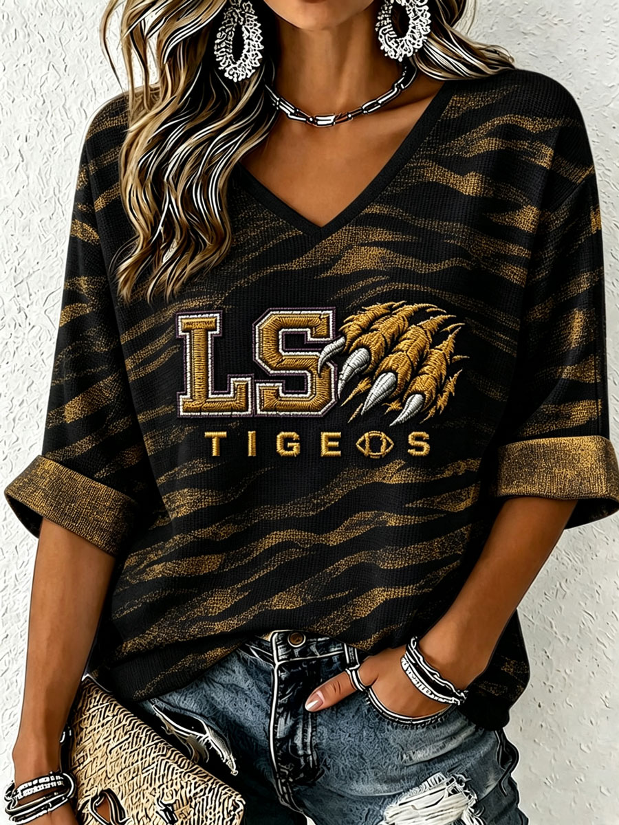 Women'S Rugby Patterned Waffle V-Neck Top