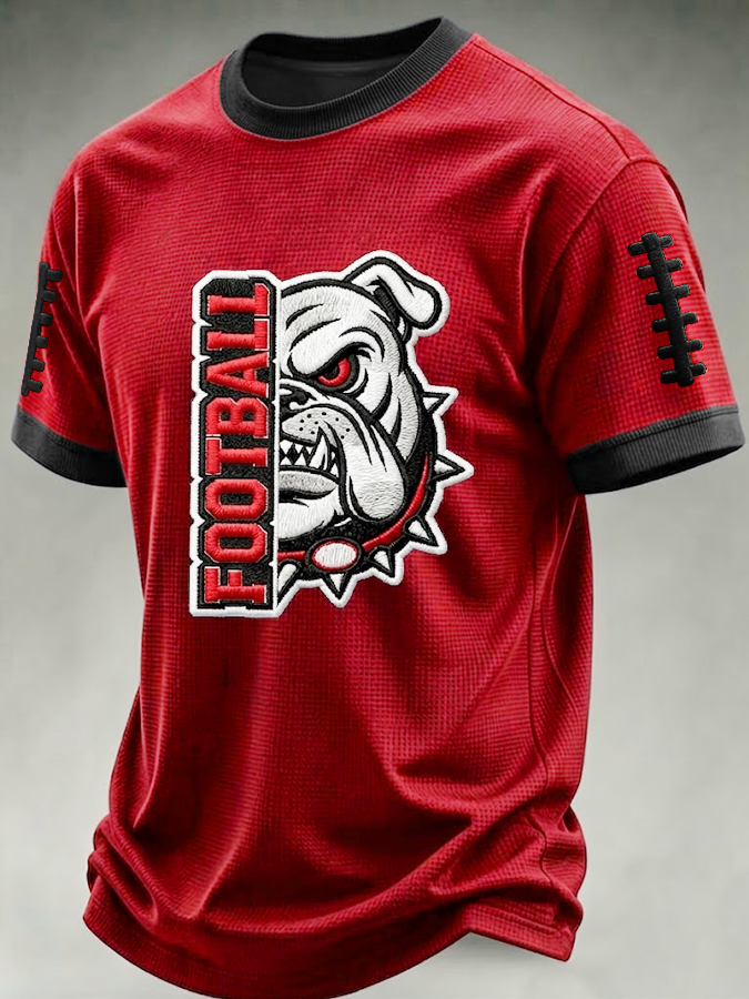Men's University Team Rugby Embroidered Printed Waffle Round Neck T-shirt