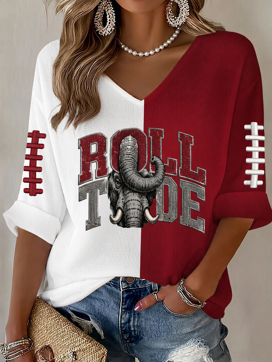 Women'S Rugby Patterned Waffle V-Neck Top