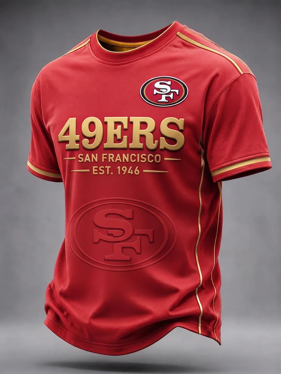 Men's San Francisco 49ers Classic Red Gold Piping Crew Neck Football Graphic Short Sleeve T-Shirt