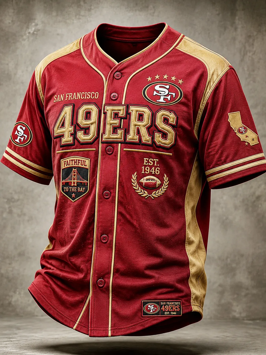 Men's San Francisco 49ers Red Gold Color Block Full Button Vintage Football Fan Baseball Jersey