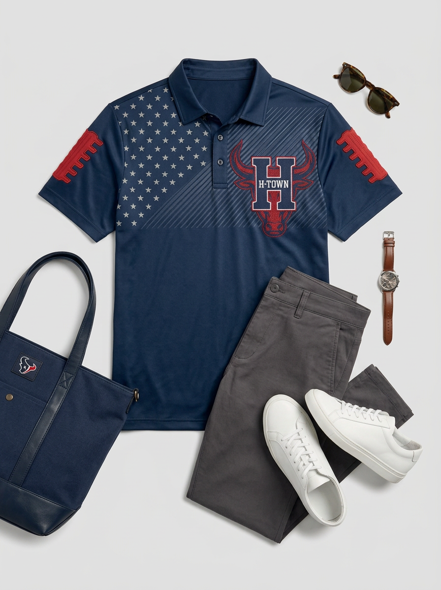 Men's Houston Football Fan H-Town Bull Flag Printed Polo Shirt