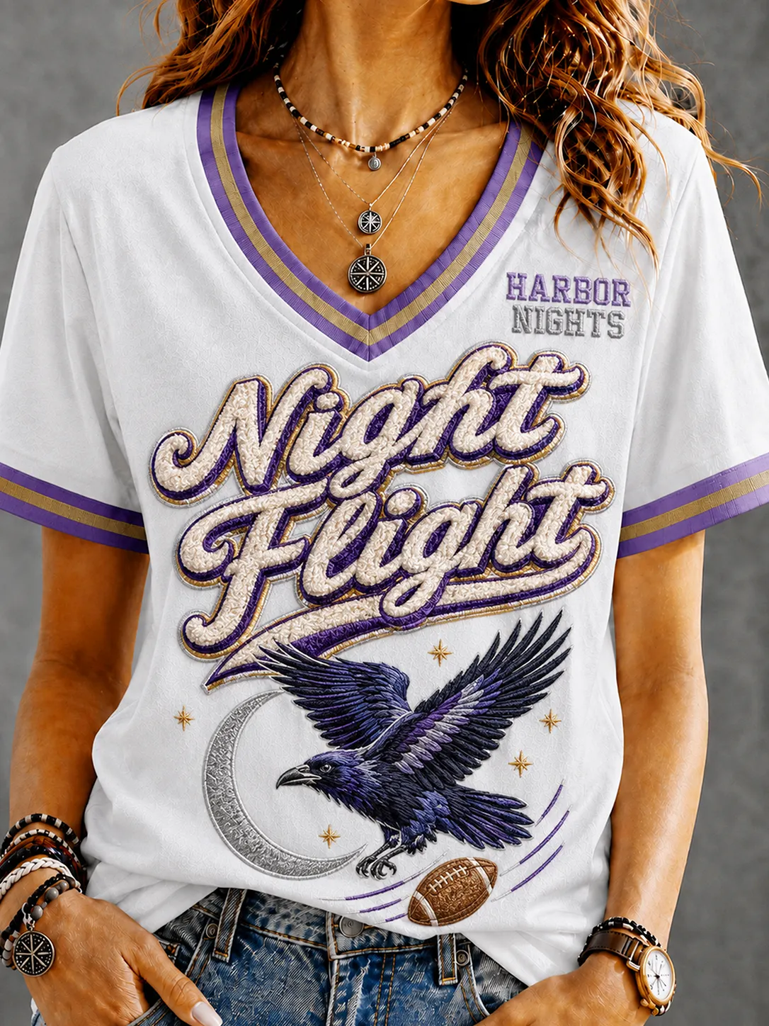 Women's Casual Football Team Graphic V-Neck Tee