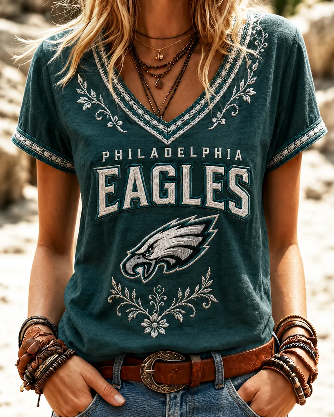 Women’s Philadelphia Eagles Floral V-Neck Football T-Shirt