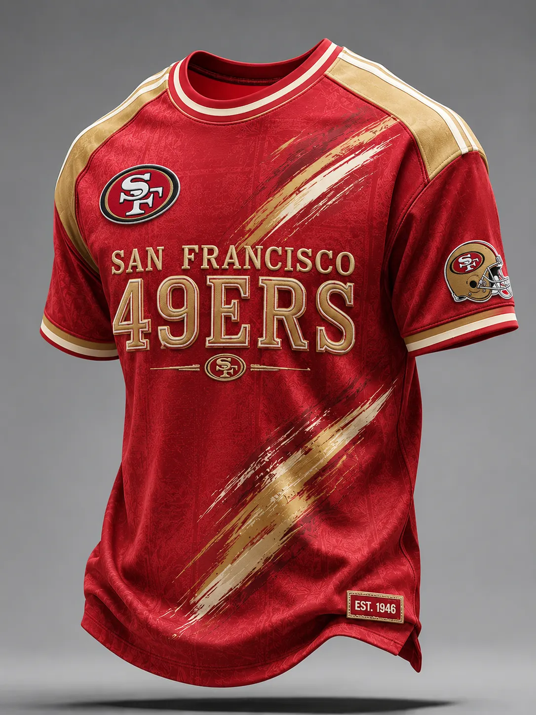 Men's San Francisco 49ers Red Gold Brushstroke Print Raglan Striped Crew Neck Football Fan Short Sleeve Tee