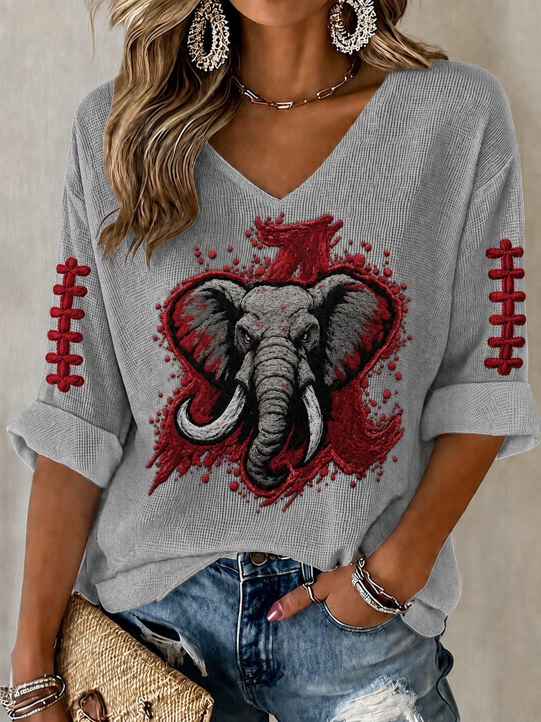 Women'S Rugby Patterned Waffle V-Neck Top