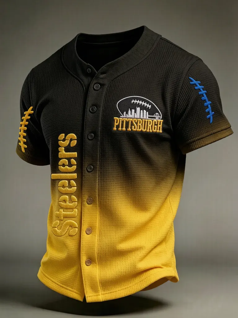 Men's Pittsburgh Steelers Gradient Waffle Knit Button-Down Baseball Football Jersey Shirt
