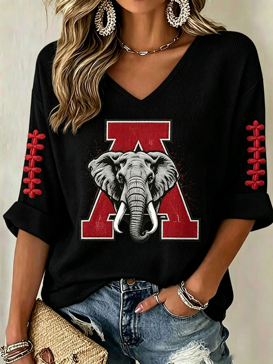 Women'S Rugby Patterned Waffle V-Neck Top