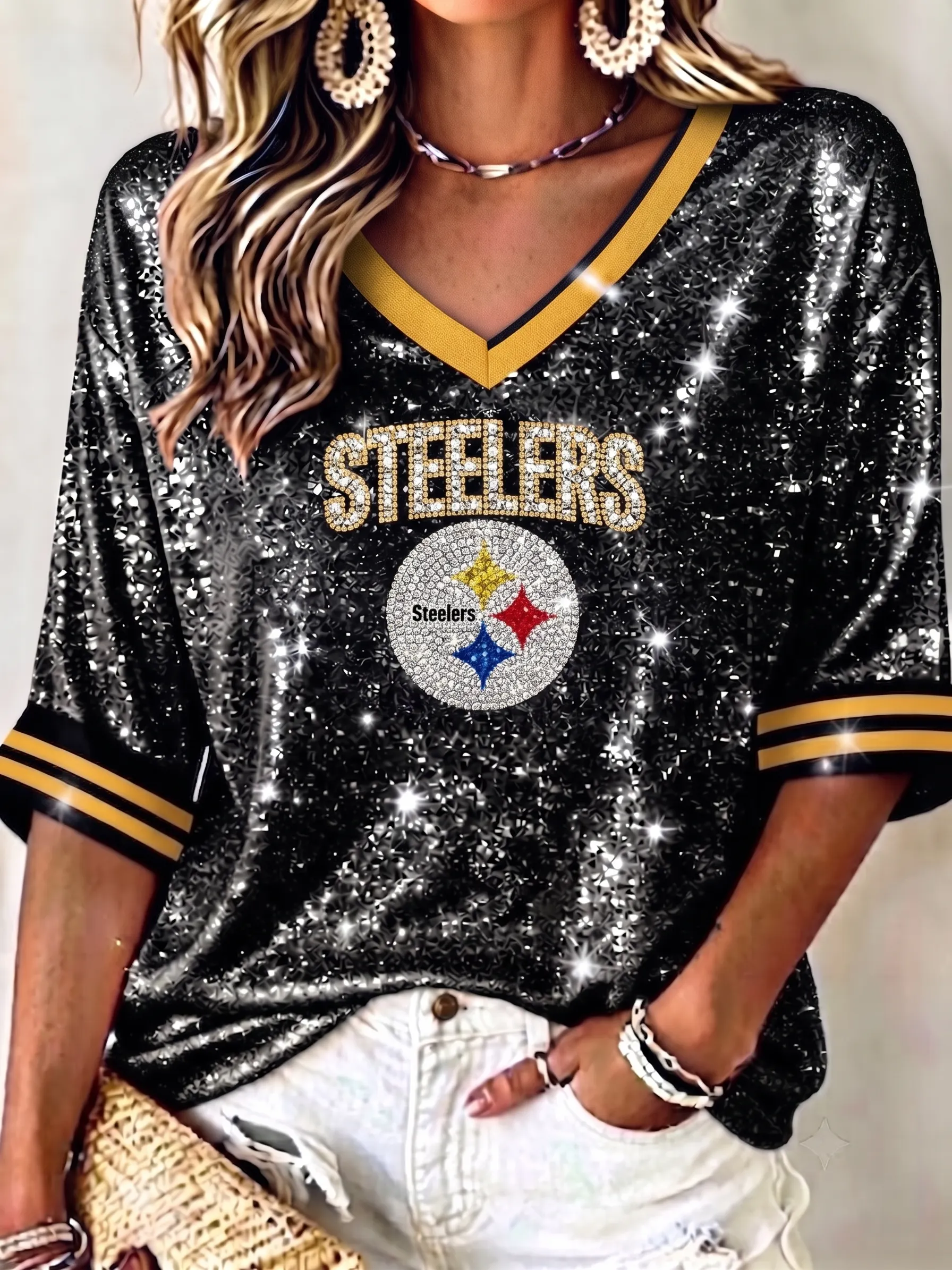 Women's Pittsburgh Steelers Rhinestone Sequin V-Neck Football Casual T-Shirt